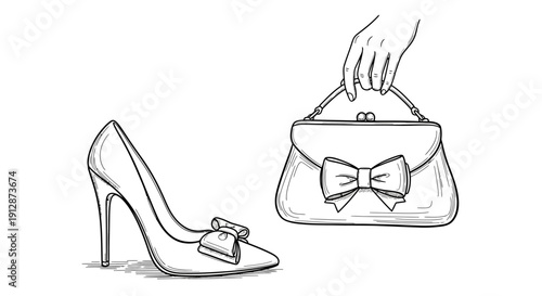Elegant fashion illustration featuring a high heel shoe and a stylish handbag