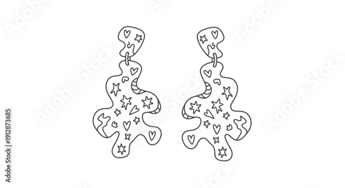 Handmade dangle earrings outline drawing with hearts and stars design on white backdrop