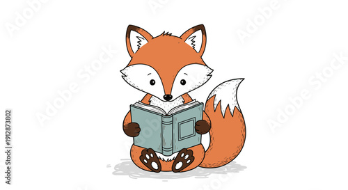 Cute cartoon fox reading a book, illustration for children's storybooks and educational materials