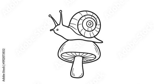 Whimsical outline illustration of a snail atop a mushroom adds charm and playfulness to designs