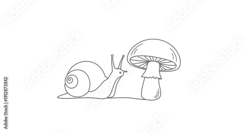 Minimalist line art drawing of a snail approaching a mushroom in a simple composition showing nature