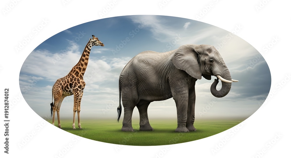 Obraz premium Elephant and giraffe standing together in a green field