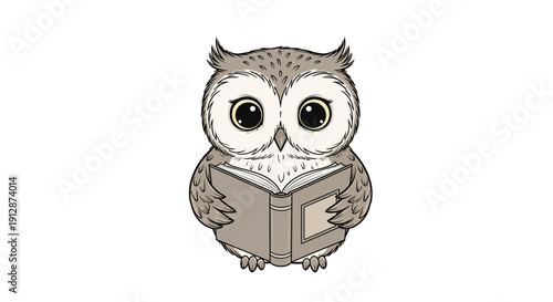 A whimsical illustration of an owl engrossed in reading a book with a charming and educational