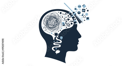 A silhouette of a human head with a brain tangled on one side and organized, innovative ideas emerging from the other, symbolizing clarity and problem-solving.