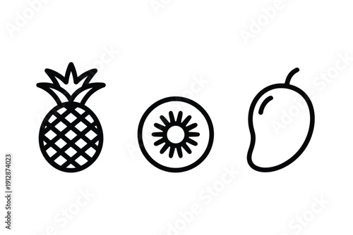 Pineapple, kiwi slice, and mango outlines represent healthy tropical fruit.