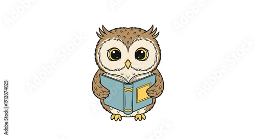 Illustration of a charming owl engrossed in reading a book on a clean white backdrop