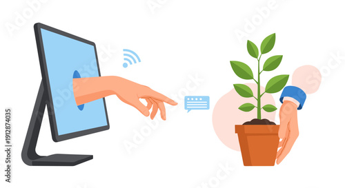 A digital hand reaches from a computer screen to touch a message icon, while another hand holds a potted plant, symbolizing online interaction and growth.