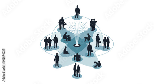 An intricate digital illustration depicts a network of diverse individuals interacting within a connected community, symbolizing communication and social bonds.