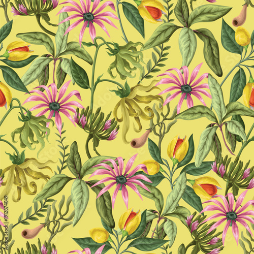 Tropical floral seamless pattern with exotic botanical leaves flowers vintage illustration