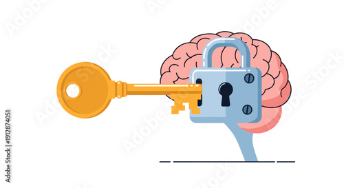 An illustrative vector graphic depicts a golden key unlocking a padlock securing a human brain, symbolizing mental health solutions and unlocking potential.