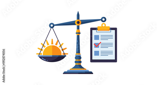This conceptual illustration depicts a balanced scale with a bright sun on one side and a clipboard with a checklist on the other, symbolizing equilibrium and assessment.