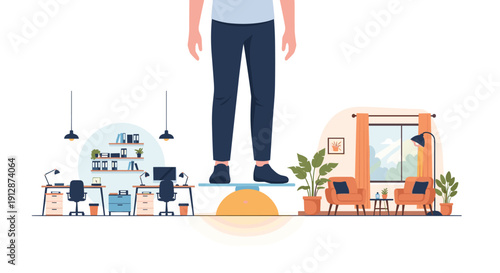 A giant person stands on a seesaw balancing a busy office workspace on one side and a cozy home living room on the other, symbolizing work-life balance.
