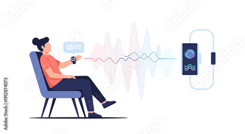 A woman sits, wearing a smartwatch, as sound waves emanate towards a smartphone, illustrating voice control technology and smart device interaction.