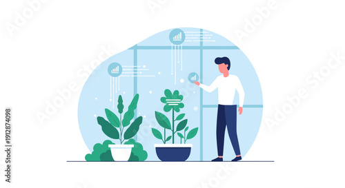 A modern man engages in smart gardening, utilizing innovative technology to cultivate and nurture plants within a controlled indoor environment.