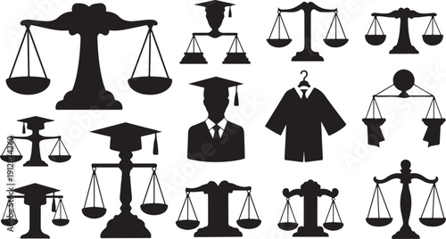 Law and Justice Symbols in Black Silhouette Vector Graphics