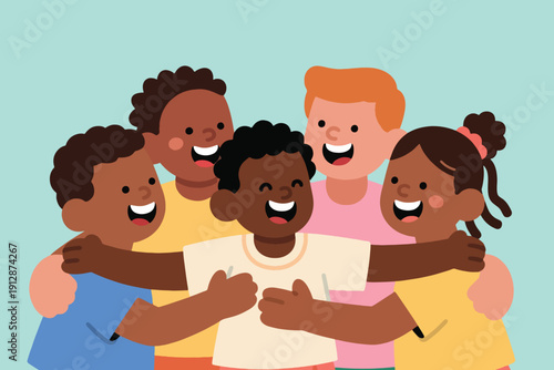 Group of five children hugging in a circle, smiling together, symbolizing friendship, unity, and happiness on light blue background.