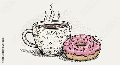 Delicious donut and cup of coffee illustration perfect for a morning treat themed artwork