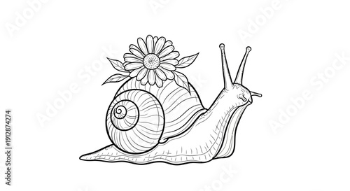 Detailed black and white line art illustration of a snail with a flower on its shell nature themed