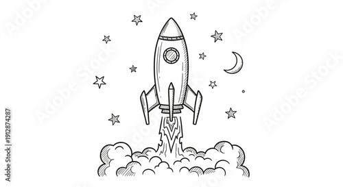 Hand drawn sketch of a rocket launching into space surrounded by stars and a moon representing