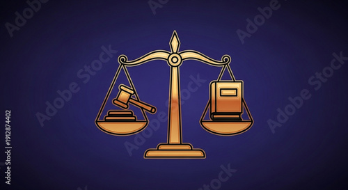 Justice scale balancing law book and gavel on dark blue background symbolizing fairness and legal system