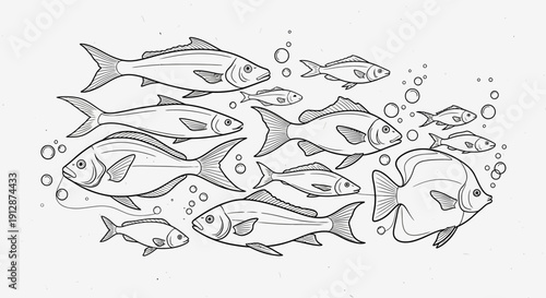 Monochrome illustration of a school of fish swimming together with bubbles creating a calming