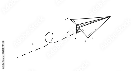 Minimalist paper airplane soars across a clean white background showing a dotted flight path