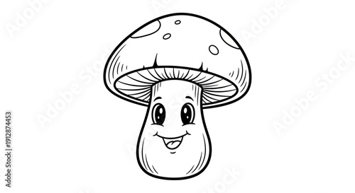 Adorable smiling mushroom cartoon character illustration with friendly face and detailed linework