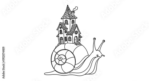 Whimsical snail carrying a fairytale house on its back charming line art illustration