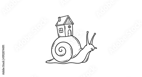 Whimsical snail carrying a house on its shell creating a fantasy landscape drawing