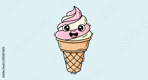 Cute cartoon ice cream cone character with a happy face on a light blue background dessert