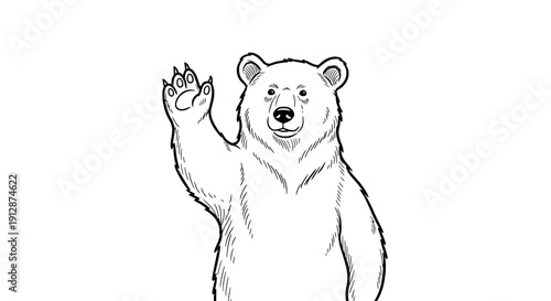 Friendly bear waving hand isolated on white background in cartoon style line art illustration