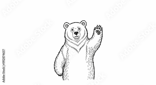 Friendly bear waving hand in the air, hand drawn vector illustration of bear isolated on white