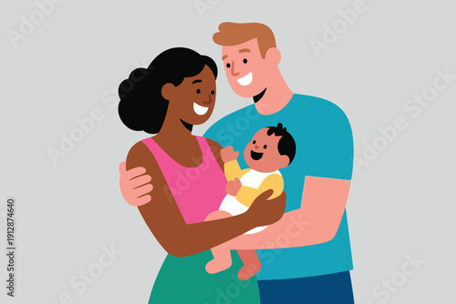 Happy family illustration with mother, father, and baby embracing together, symbolizing love, unity, and parental care.
