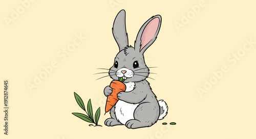 Cute cartoon bunny character illustration enjoying a carrot snack isolated on beige background