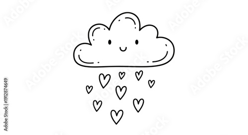 Adorable cloud illustration with smiling face and falling heart shapes for valentines day