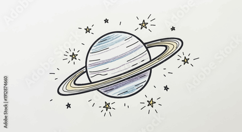 Illustration of Saturn with Rings and Stars, a Celestial and Cosmic themed Artwork