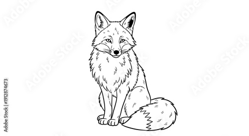 Detailed Line Art Illustration of a Seated Fox with a Bushy Tail and Alert Expression