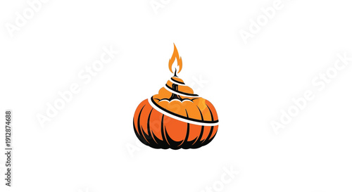 A vibrant orange pumpkin-shaped candle with a burning wick, casting a warm glow.