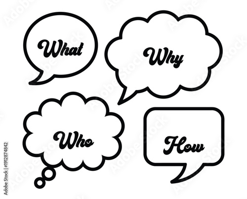 Black and white vector speech bubbles with question words: What, Why, Who, and How, isolated on white background 