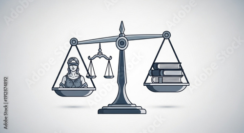 Justice scale balancing law and knowledge with judge and books on each side