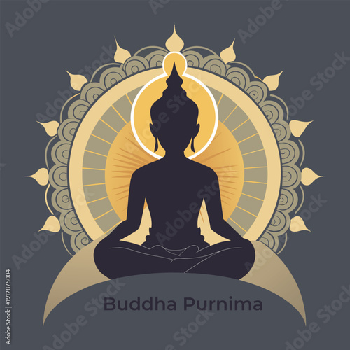 Buddha Purnima greeting card design, dark silhouette of Gautama Buddha in lotus pose.