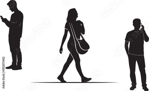 Silhouettes of three people walking and using mobile devices