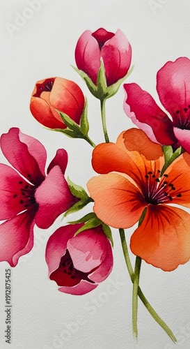 Vibrant Watercolor Flowers Blooming on White Background with Copy Space, Spring Nature Art