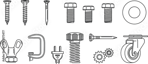 Industrial Hardware Fastener Vector Set with Screws Bolts Nails and Tools for DIY Repair Construction Illustration