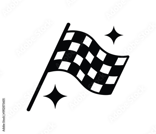 Black and white checkered racing flag vector illustration with sparkling starbursts, isolated on white  background for design elements.