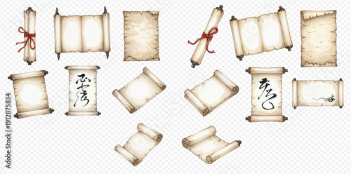 Collection of vintage paper scrolls and ancient parchment sheets with blank space for text.
