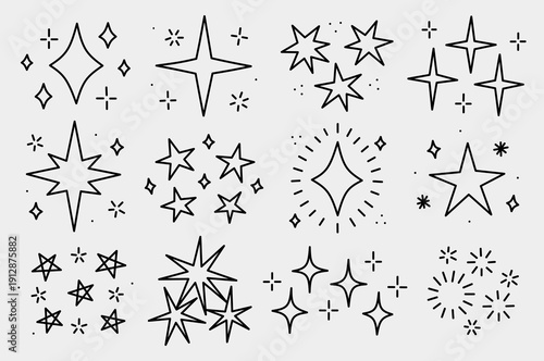 A set of shining and sparkling stars isolated on a white background. Vector hand-drawn illustration in doodle style. Perfect for cards, decorations, logo, various designs. Twinkle and bursts elements.
