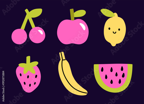 Cute set of bright cartoon fruits and berries isolated on a dark background. Vector hand-drawn flat illustration. Perfect for decorations, stickers, cards, menu, various designs.