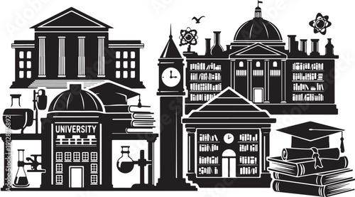 University buildings and graduation icons in black and white