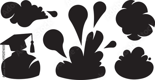 Graduation Celebration Silhouette Icons with Speech Bubbles and Clouds